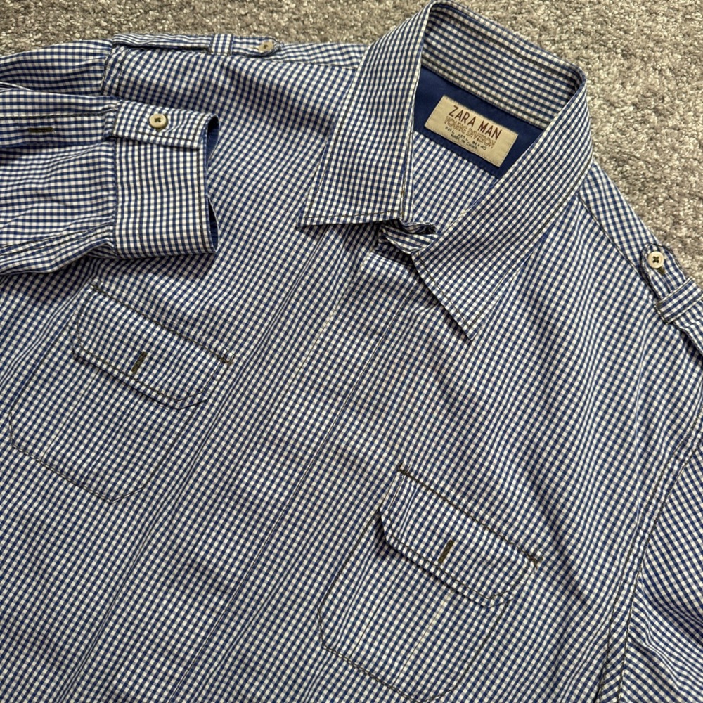 Zara Man Shirt Mens Large Blue Gingham Check Cotton Military Epaulette Slim Fit